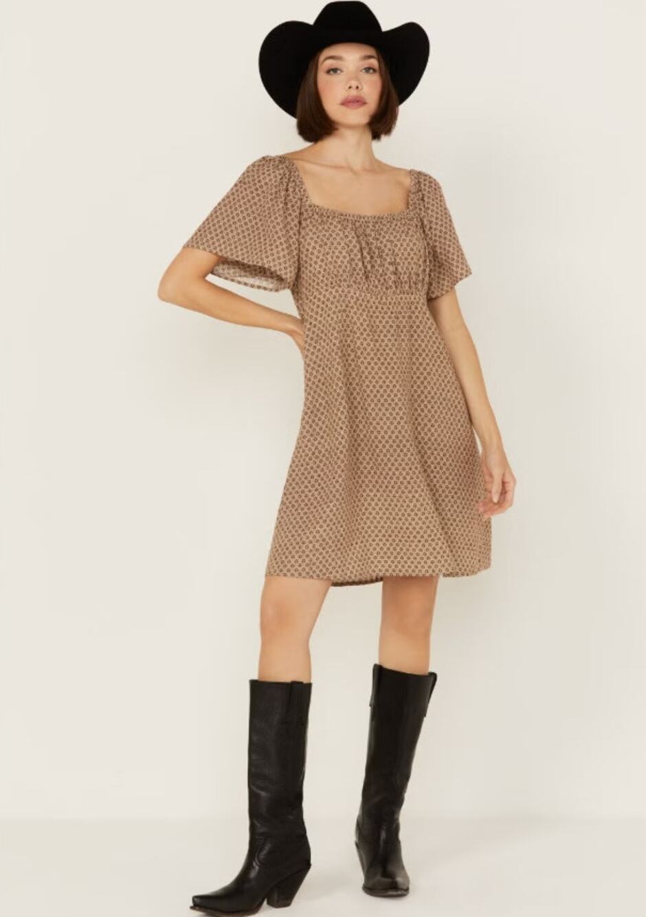 Cleo + Wolf Large Brown Geometric Smocked Babydoll Mini Dress Boho Rayon